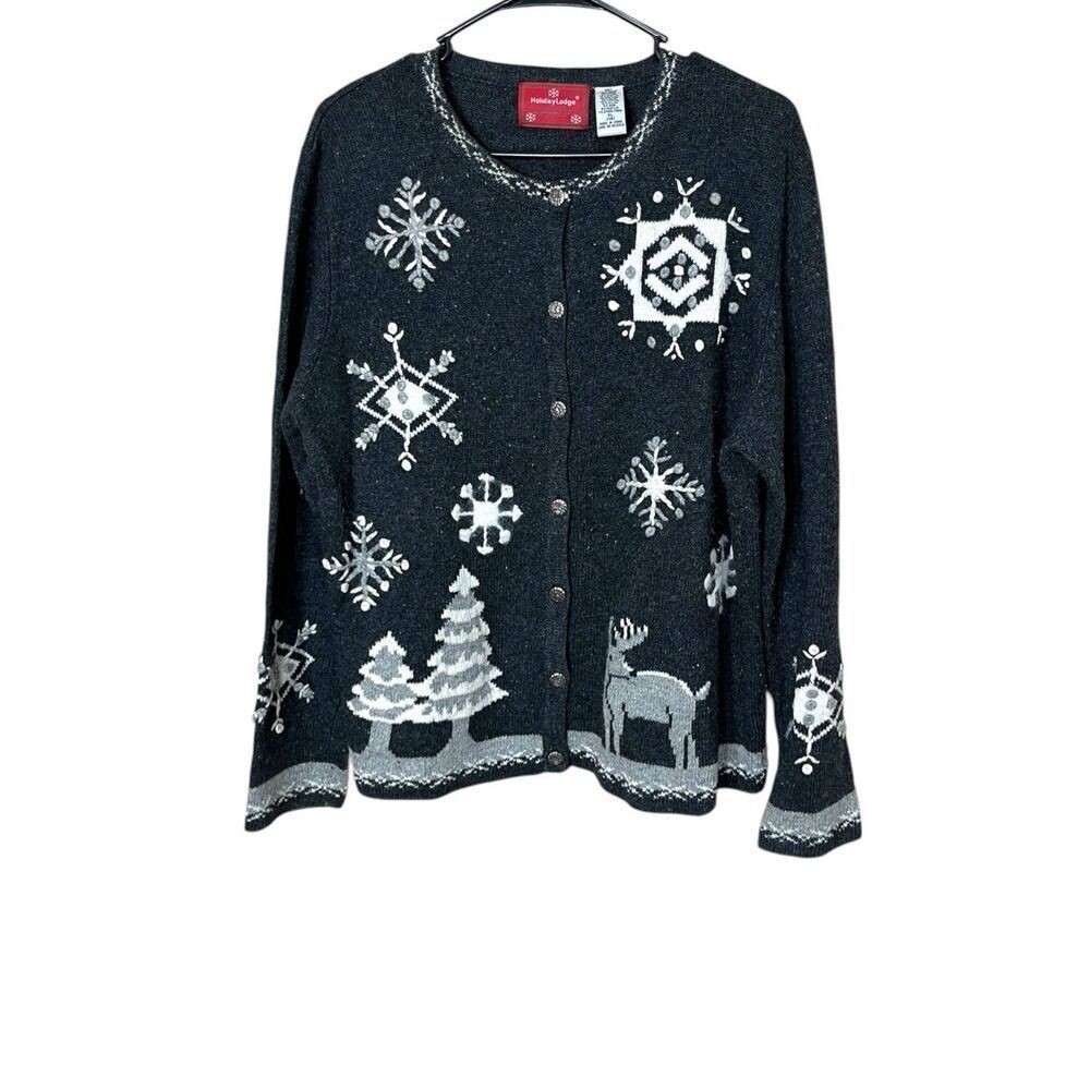 Holiday‎ Lodge by Northcrest Christmas Snowflakes Deer Cardigan Sweater XL